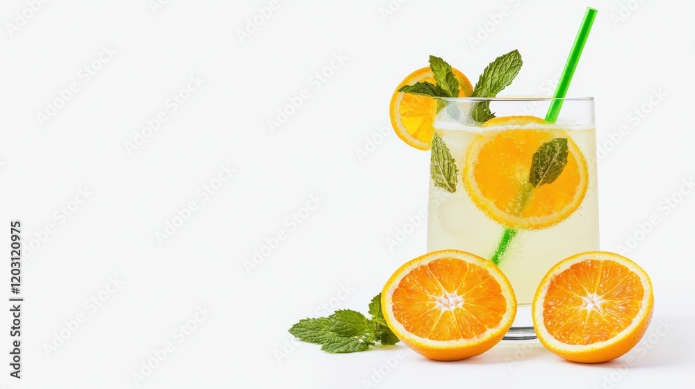 Fototapeta premium Refreshing lemonade with mint and orange slices white background