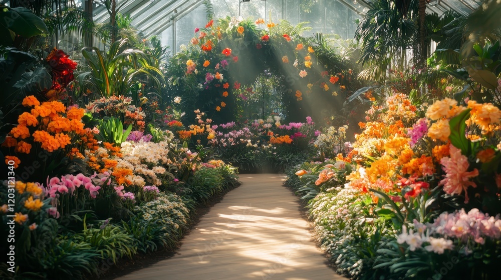 Fototapeta premium Greenhouse Path Blooming Flowers Plants Lush Foliage Sunlight Rays Gentle Garden Pathway Indoor