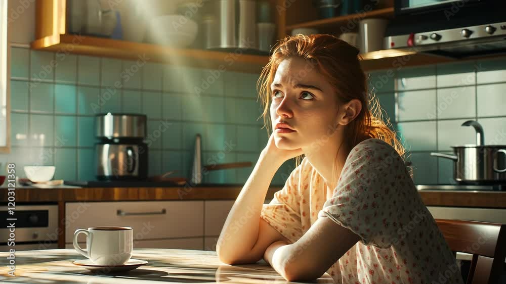 A sad woman sits at the table in her kitchen, a coffee cup on the table, deep in thought about something serious. The scene has a cinematic, hyper-realistic quality, .