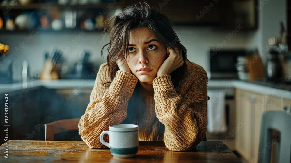 A sad woman sits at the table in her kitchen, a coffee cup on the table, deep in thought about something serious. The scene has a cinematic, hyper-realistic quality, .