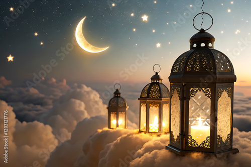 Elegant Lanterns Floating Among Golden Clouds and Crescent Moon with Sparkling Stars