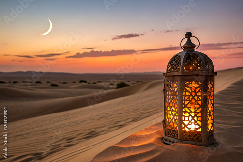 Warmly Glowing Lantern on Desert Sand Dunes with Crescent Moon at Sunset photo