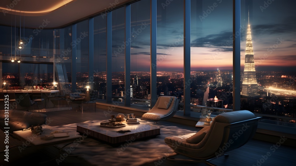 Fototapeta premium A magnificent high rise building with a sleek contemporary design and floor to ceiling glass windows offering a stunning panoramic view of the bustling cityscape below