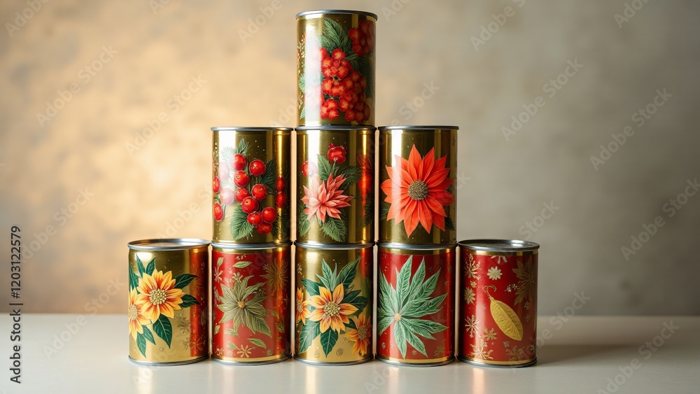 Fototapeta premium Stacked decorative cans with floral or festive patterns. Vibrant designs, metallic shine, and warm lighting create a joyful, seasonal display perfect for Canned Food Month.