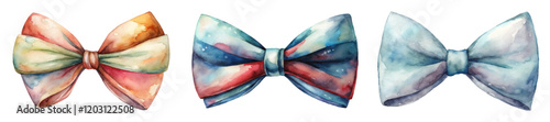 Watercolor bow ties, colorful designs, artistic style, fashion accessories, vibrant hues, elegant presentation.