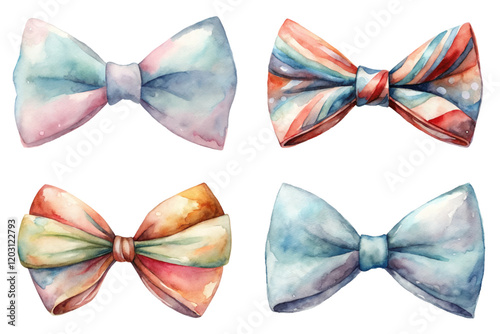 Watercolor bow ties, colorful patterns, artistic design, fashion accessories, vibrant hues, stylish elements.