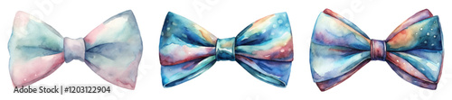 Watercolor bow ties, colorful patterns, artistic design, fashion accessories, vibrant hues, elegant style.