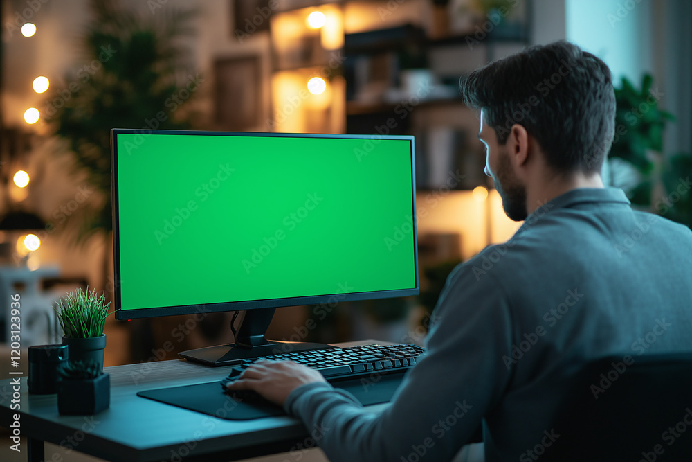 © SITI - Man Working on Computer with Green Screen in a Cozy Home Office at Night