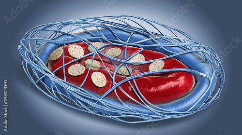 view of forming blood clot with platelets aggregating and fibrin strands intertwining, illustrating coagulation Blood Clot Formation 