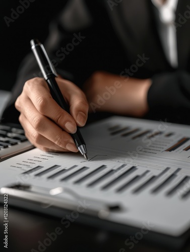 Business professional analyzing financial data with a pen.
