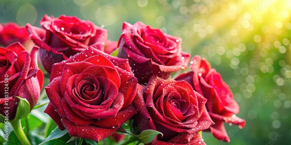 Fresh bouquet of red roses with dew drops glistening on their petals, radiating warmth and romance in a serene outdoor setting, romantic bouquet, red roses Fresh bouquet of red roses with dew drops glistening on their petals, radiating warmth and romance in a serene outdoor setting, romantic bouquet, red roses