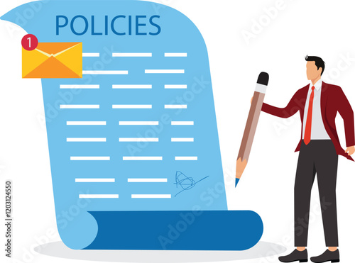 Company policies document legal of term and services agreement or process to follow corporate rules or guidance concept businessman holding pen with company policy document and business briefcase