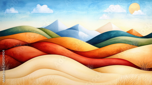 Colorful desert dunes with smooth sand waves blending into vibrant hues of orange, red, and yellow, set against backdrop of blue mountains, fluffy clouds, and bright sun