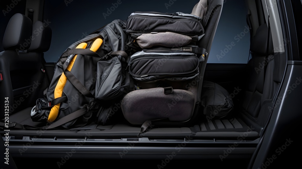 Obraz premium Folded third row car seat in an SUV or crossover provides added trunk and cargo space for travel camping hauling and other active lifestyle needs