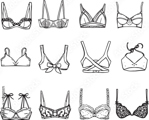 Variety of Women's Bras Illustrated in a Simple Line Art Style