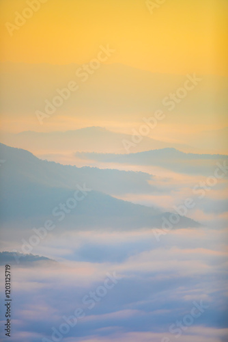 Принти на полотні Closeup to sea fog at Sunrise time with sea of fog and clouds with mountain hill at Sri Nan National Park Doi Samer Dao Nan Province Thailand, Asia