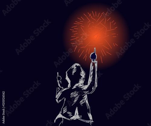 Illustration design of a cloaked person looking back while pointing a finger at a red circle