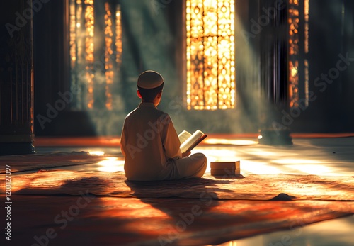 A Muslim boy reads the Koran in an empty mosque, with sunlight coming in through the windows and illuminating the shadows of Islamic art patterns on the ground.