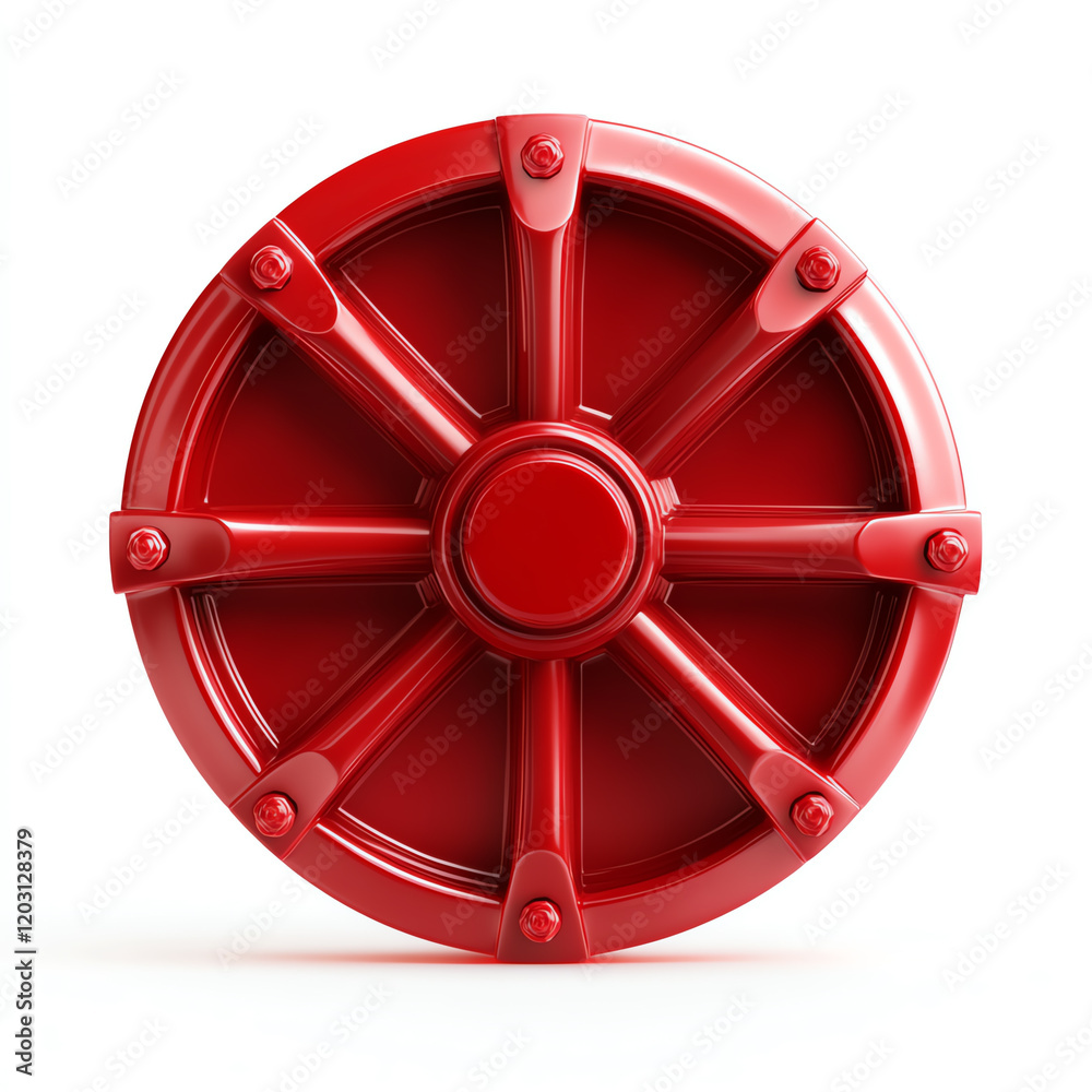 Obraz premium Close-up of a red industrial valve wheel, symbolizing control and precision in manufacturing and engineering processes.
