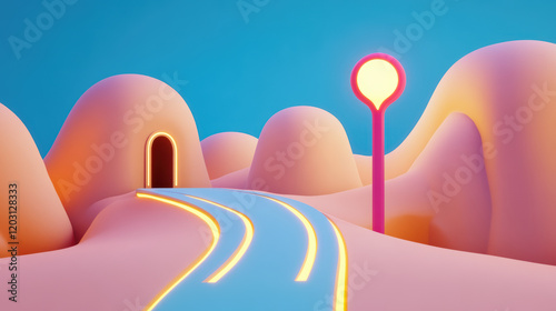 surreal landscape featuring glowing pathways winding through pastel colored hills, with bright, futuristic lamp post and dark tunnel entrance under clear blue sky photo