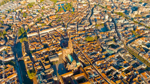 Strasbourg, France. Watercolor illustration. Strasbourg Cathedral - Built in the Gothic style, the cathedral of the 13th century. Summer morning, Aerial View photo