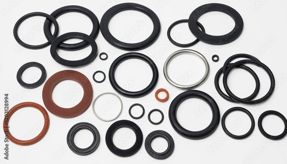 Assorted rubber and metal O-rings in various sizes and colors on a white background. Assorted rubber and metal O-rings in various sizes and colors on a white background.
