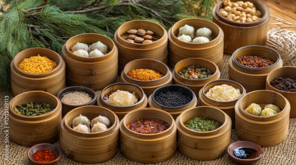 Fototapeta premium Assorted Dim Sum Steamed In Bamboo Baskets
