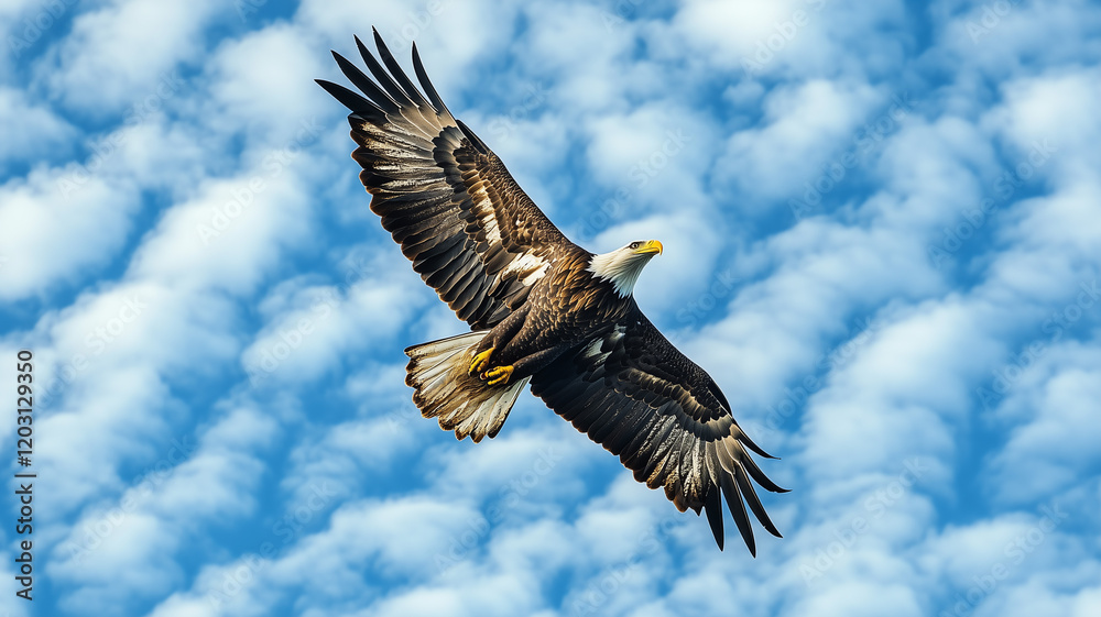 Obraz premium A majestic eagle soaring through the air with the American flag forming a beautiful backdrop, clouds in the sky emphasizing the eagle's freedom. Ai generated