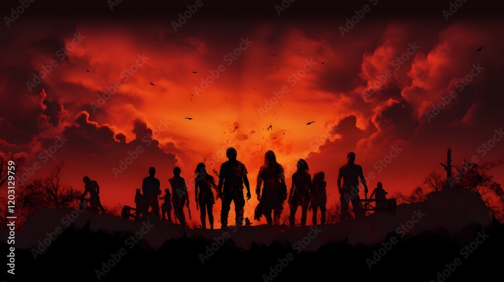 Silhouetted Figures of Zombies Looming in the Distance Against a Fiery Red Sky in an Apocalyptic Landscape Setting Silhouetted Figures of Zombies Looming in the Distance Against a Fiery Red Sky in an Apocalyptic Landscape Setting