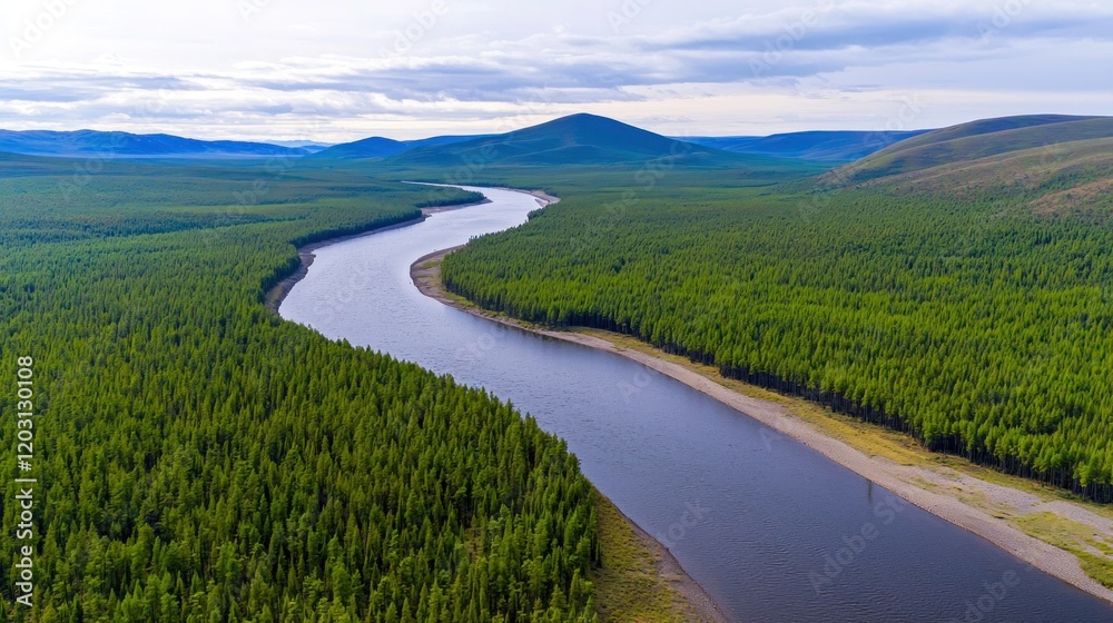 Aerial view of a river flowing through a vast forest Aerial view of a river flowing through a vast forest