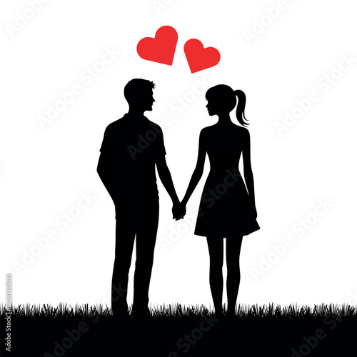 Silhouette of a couple sharing love with hearts above them. Valentines day.