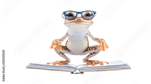 Professor Frog: A whimsical illustration of a frog wearing glasses and perched on an open book, symbolizing education, knowledge, and the joy of reading, isolated on transparent background photo