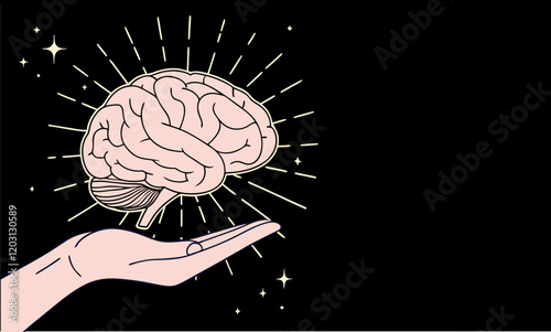illustration of human organs brain above hand vector silhouette