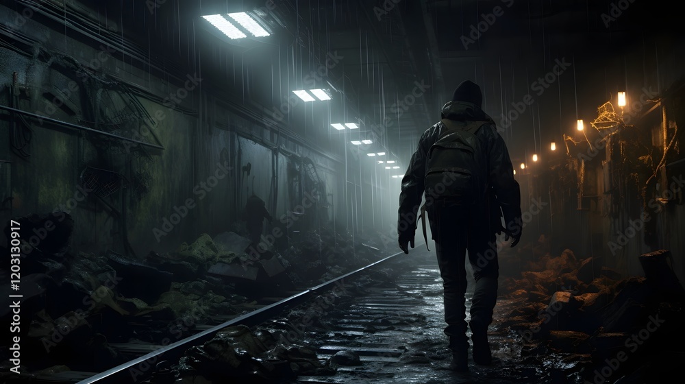 A lone survivor desperately escaping from a horde of zombies through the dark crumbling corridors of an abandoned subway station A lone survivor desperately escaping from a horde of zombies through the dark crumbling corridors of an abandoned subway station