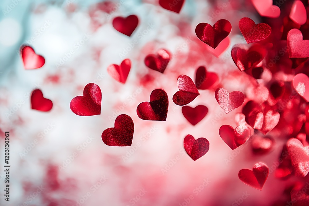 Red Heart-Shaped Confetti Gently Falling in the Air. Red Heart-Shaped Confetti Gently Falling in the Air.