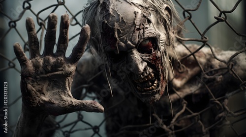 Detailed close up of a zombie s decayed gnarled hands tightly clutching and grasping a weathered chain link fence in a gritty abandoned urban environment  This image evokes a sense of horror despair photo