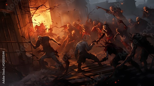 Desperate Zombie Siege on Makeshift Survivor s Barricade in the Darkness   Apocalyptic Scene of Horror and Survival Struggle Against Undead Attackers photo