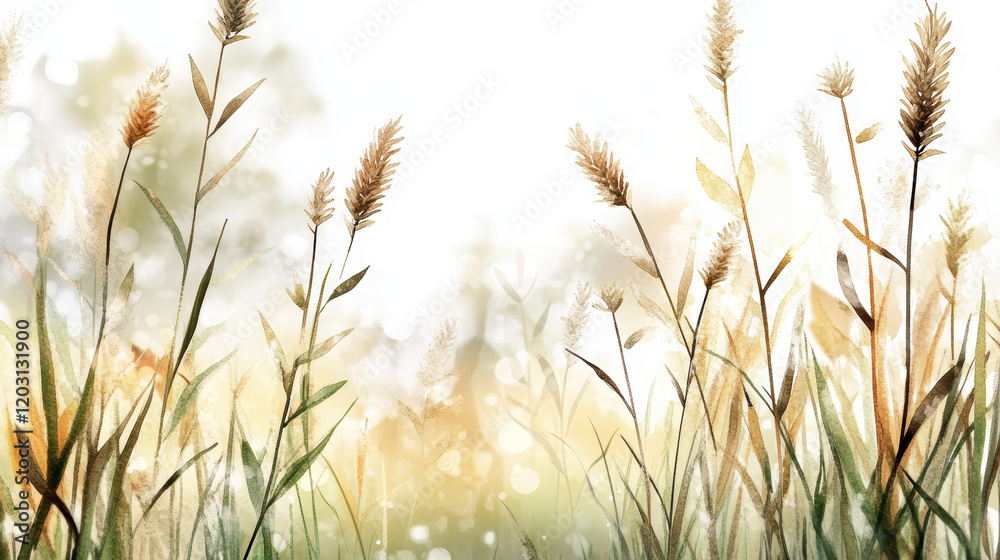 Obraz premium Soft watercolor illustration of meadow grass with delicate green and golden blades blending into bright, dreamy background. scene evokes serene and peaceful atmosphere