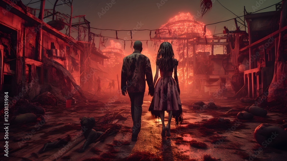 Spooky zombies wandering through a dilapidated and overgrown amusement park creating an unsettling and dystopian atmosphere The scene evokes a sense of horror decay and the supernatural Spooky zombies wandering through a dilapidated and overgrown amusement park creating an unsettling and dystopian atmosphere The scene evokes a sense of horror decay and the supernatural