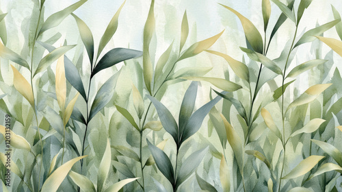 serene watercolor illustration of tall, flowing green and yellow leaves, creating textured meadow like pattern with soft gradients and calming atmosphere