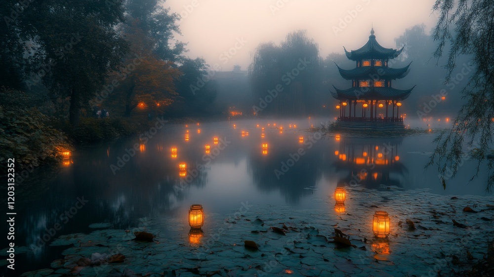 Obraz premium Serene Foggy Lake Temple Lanterns Scenic View