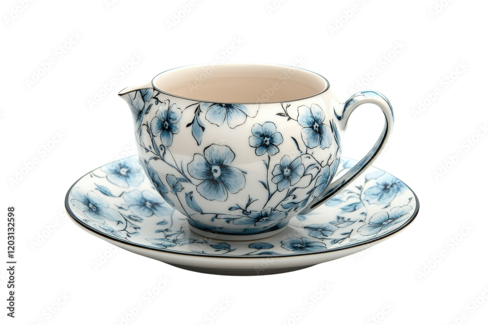 Elegant porcelain creamer and saucer set with floral design on white background for tea time gatherings Elegant porcelain creamer and saucer set with floral design on white background for tea time gatherings