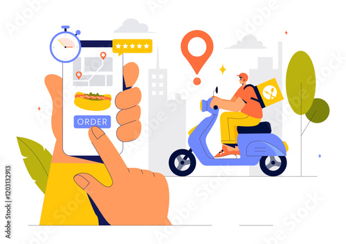 Food Delivery Service Illustration Featuring Online Food Ordering through a Mobile App and Fast Delivery to Your Preferred Location in a Background