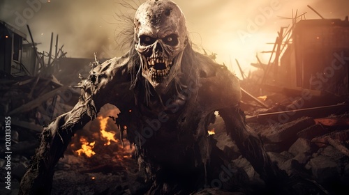 Chilling 3D rendering of a grotesque zombie snarling viciously at the against the bleak backdrop of an apocalyptic desolate urban landscape