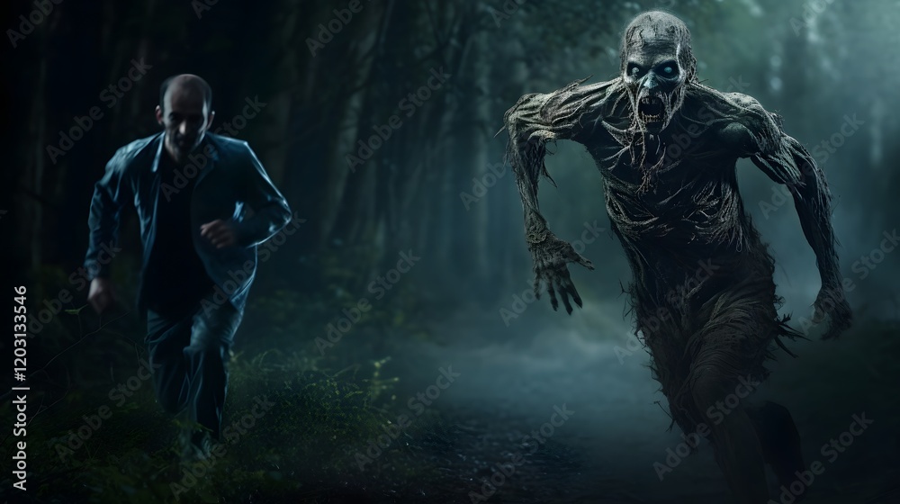 Fototapeta premium A frightened desperate survivor races through a dark ominous forest trying to escape the relentless pursuit of a fast moving zombie that threatens their life in this intense