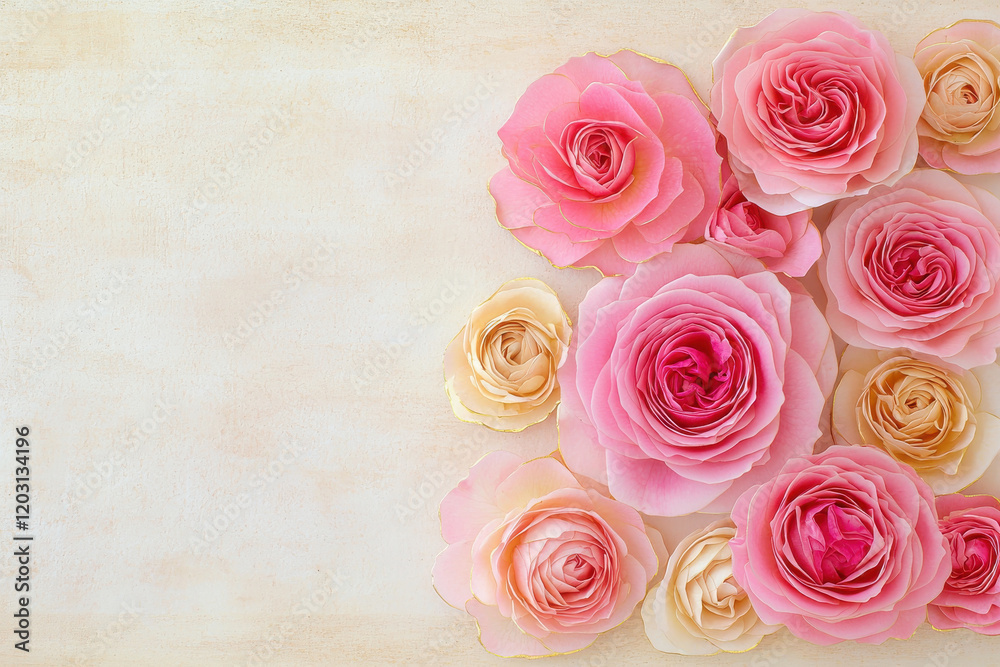 Soft pink and peach roses arranged on light textured background, creating romantic floral border Soft pink and peach roses arranged on light textured background, creating romantic floral border