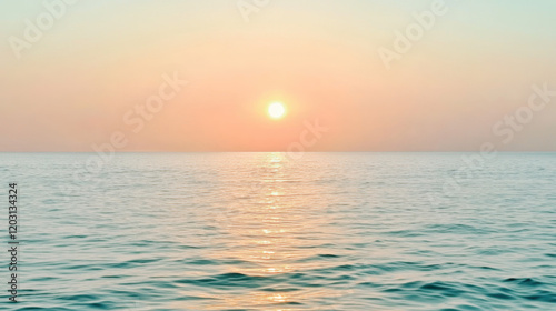 serene ocean view with soft gradient of pale aqua merging into light peach hues, as sun sets on horizon, casting warm glow over calm water