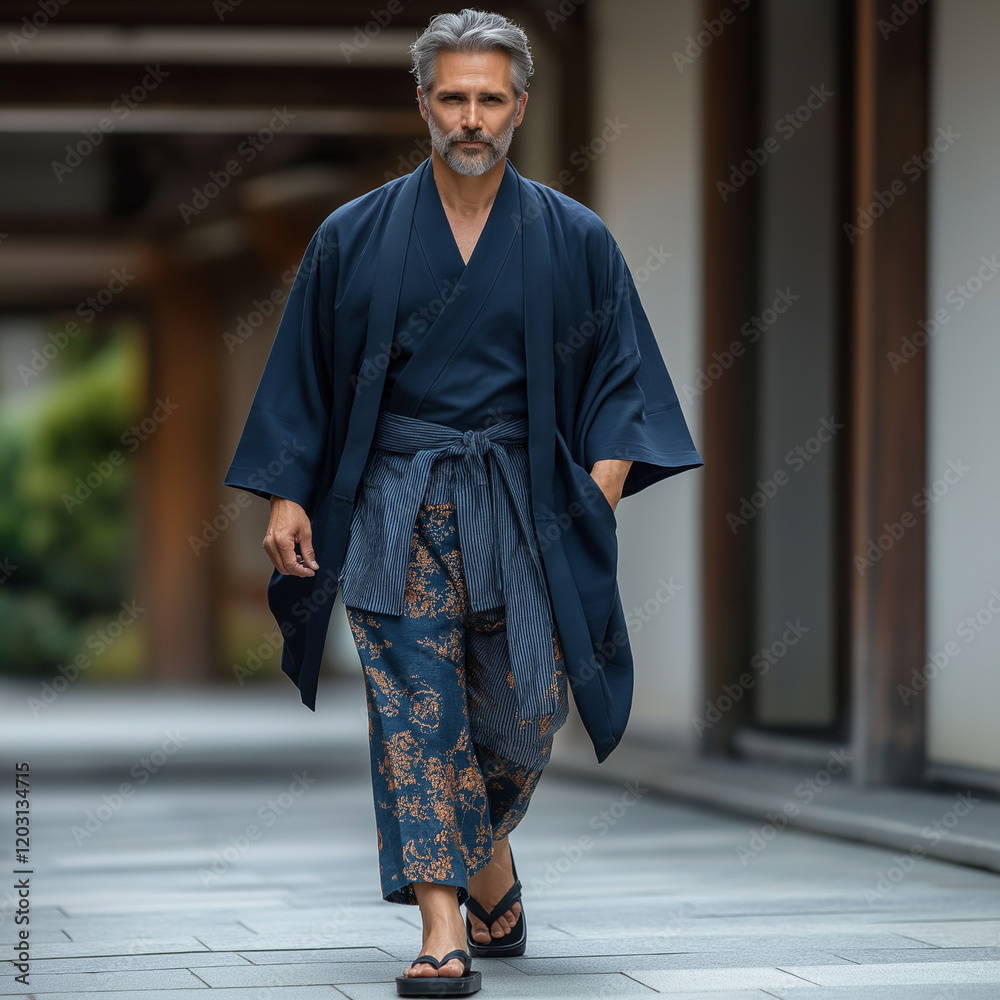 Fototapeta premium A handsome man in a navy blue suit and black slippers walks along the street, wearing a modern Japanese-style kimono with dark gray hair, full-body shot, fashion photography, soft