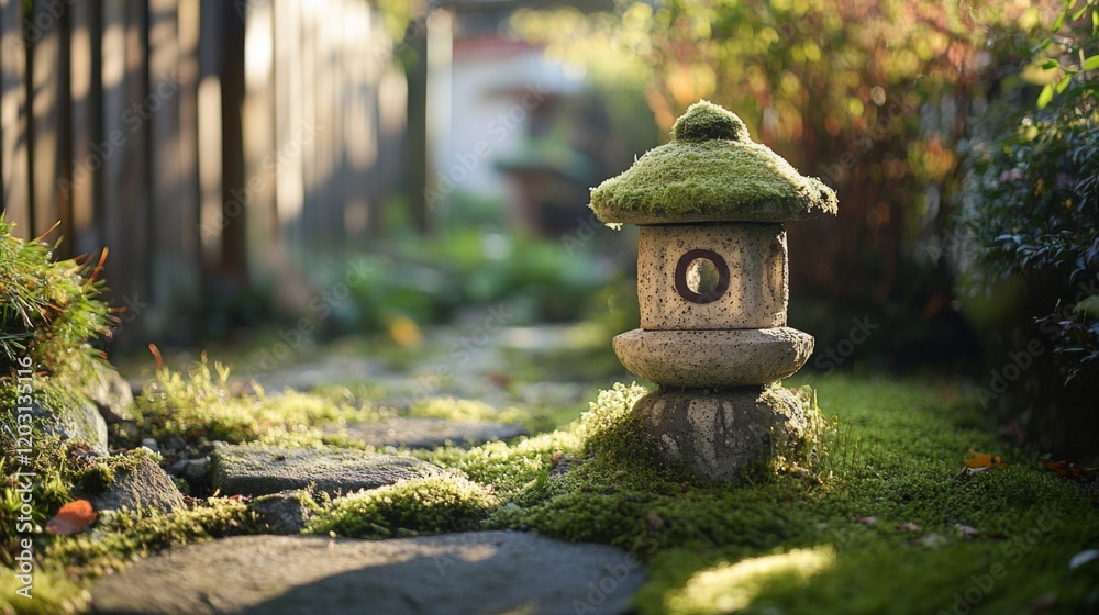 Moss Covered Stone Lantern In A Garden Path Moss Covered Stone Lantern In A Garden Path