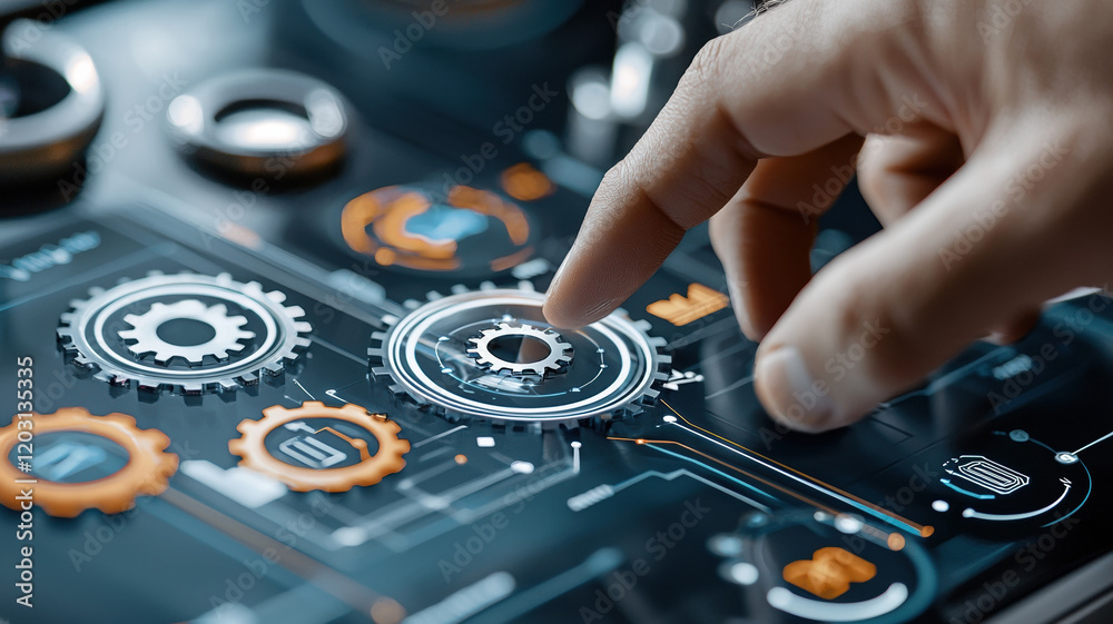 Obraz premium Hand touching digital interface with gears and futuristic design, showcasing technology and innovation